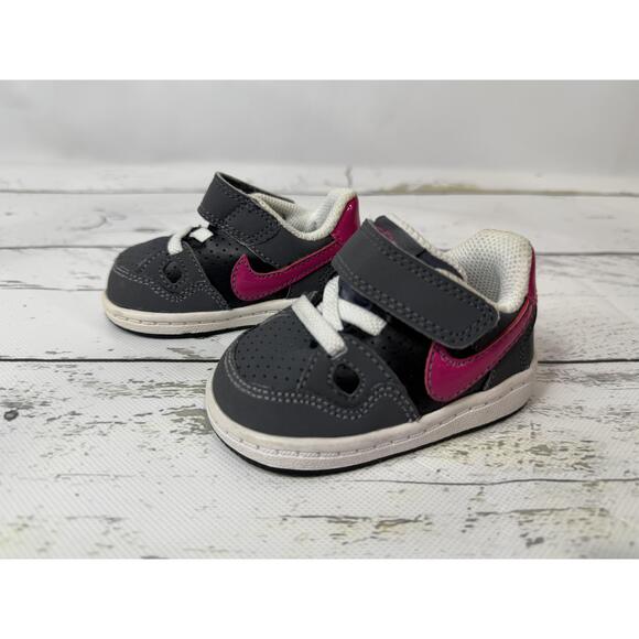 Nike Sneakers Kids Size 2C Gray Black Pink AF1 Velcro Strap Toddler Active - Picture 1 of 7